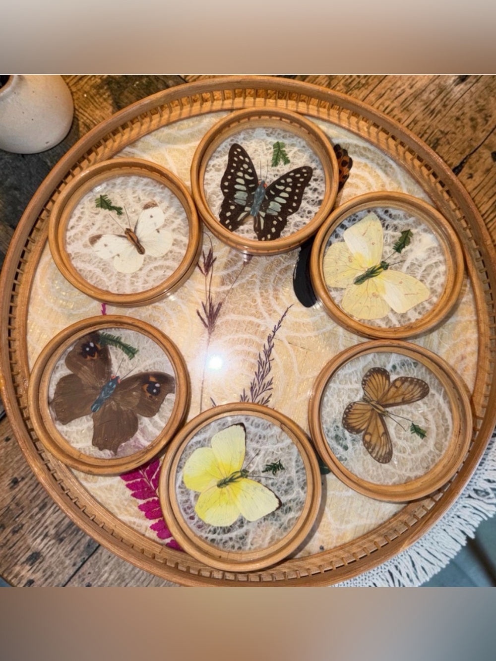 Vintage 70’s Bamboo-Wicker Framed Butterfly/Ferns Serving Tray/ Coasters